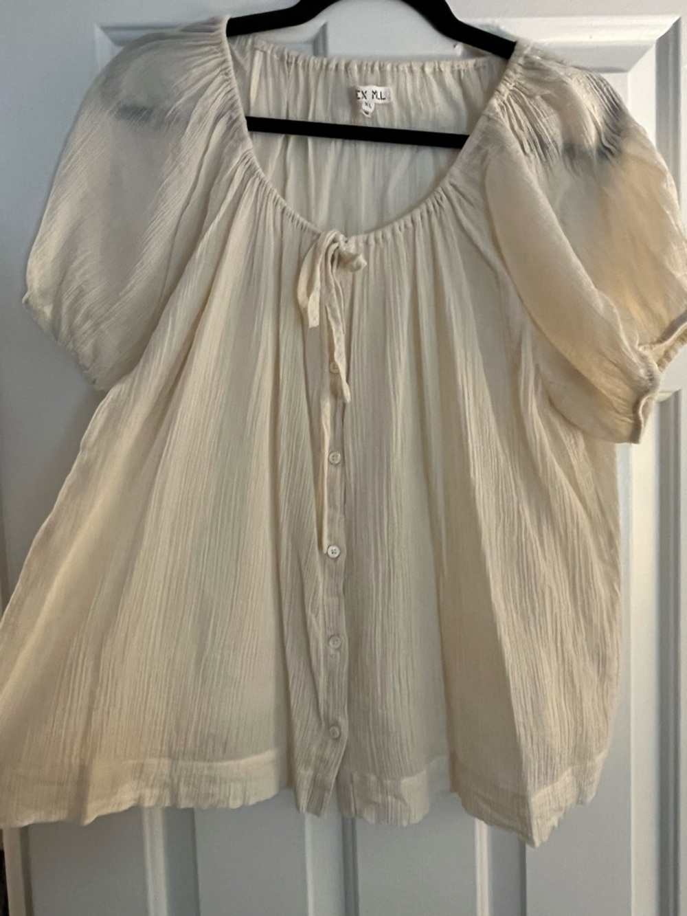 Alex Mill Rose Crinkle Tie Neck Cream Tie-Front Peasant Top - Picture 4 of 7